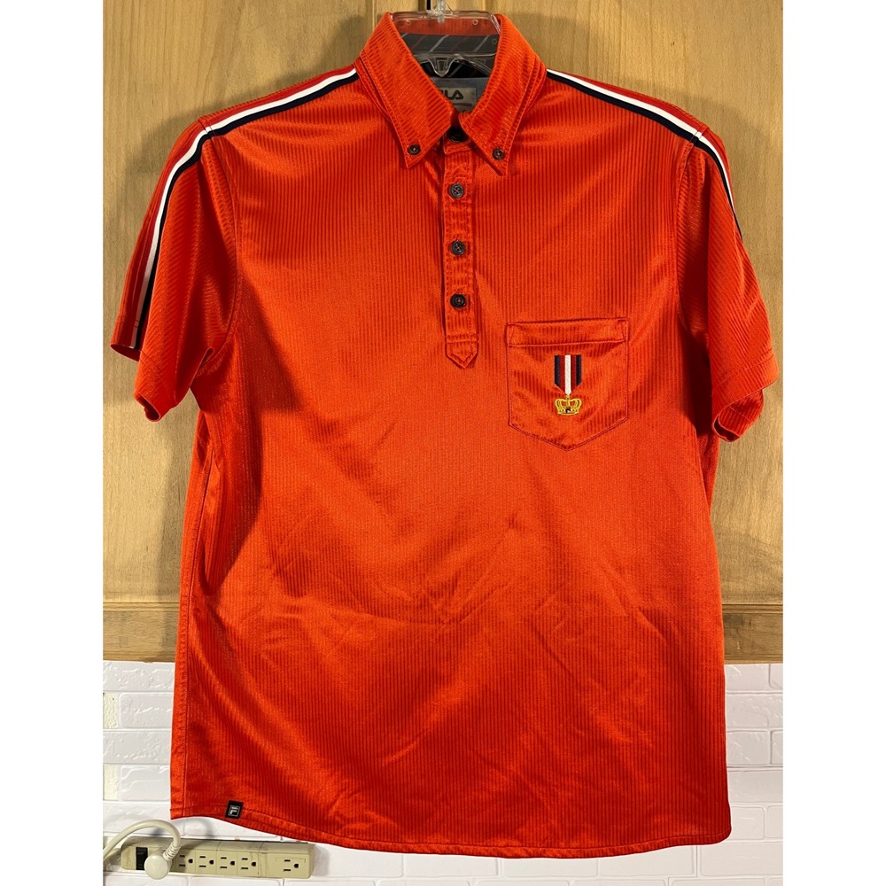 Fila Polo Shirt Mens LL Orange Biella Italia Striped Crest Golf Tee Short Sleeve